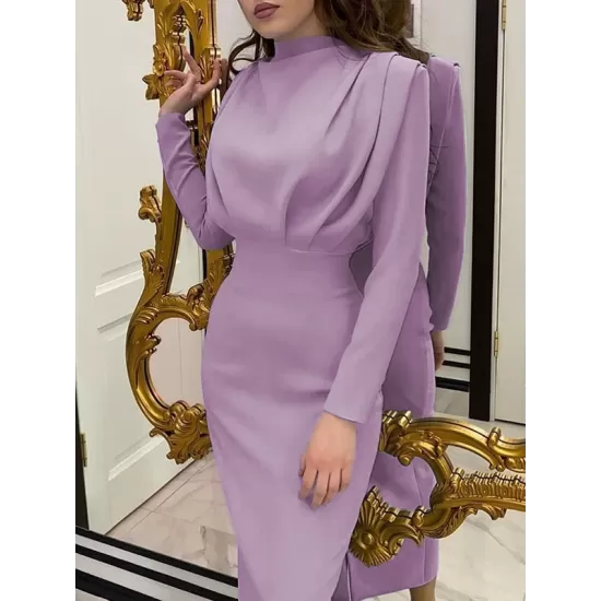 Pleated Solid Color High Waisted Long Sleeves Mock Neck Midi Dresses Pleated Solid Color High Waisted Long Sleeves Mock Neck Midi Dresses