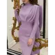 Pleated Solid Color High Waisted Long Sleeves Mock Neck Midi Dresses Pleated Solid Color High Waisted Long Sleeves Mock Neck Midi Dresses