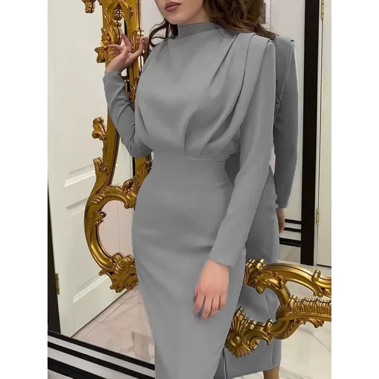 Pleated Solid Color High Waisted Long Sleeves Mock Neck Midi Dresses Pleated Solid Color High Waisted Long Sleeves Mock Neck Midi Dresses