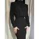 Pleated Solid Color High Waisted Long Sleeves Mock Neck Midi Dresses Pleated Solid Color High Waisted Long Sleeves Mock Neck Midi Dresses