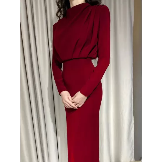 Pleated Solid Color High Waisted Long Sleeves Mock Neck Midi Dresses Pleated Solid Color High Waisted Long Sleeves Mock Neck Midi Dresses