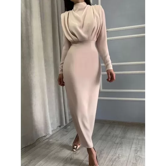 Pleated Solid Color High Waisted Long Sleeves Mock Neck Midi Dresses Pleated Solid Color High Waisted Long Sleeves Mock Neck Midi Dresses
