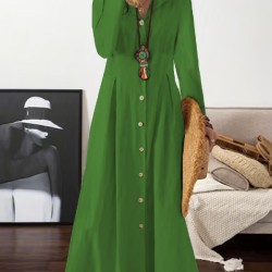 Long Sleeves Loose Pleated Lapel Midi Dresses Shirt Dress