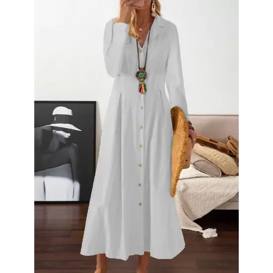 Long Sleeves Loose Pleated Lapel Midi Dresses Shirt Dress Long Sleeves Loose Pleated Lapel Midi Dresses Shirt Dress