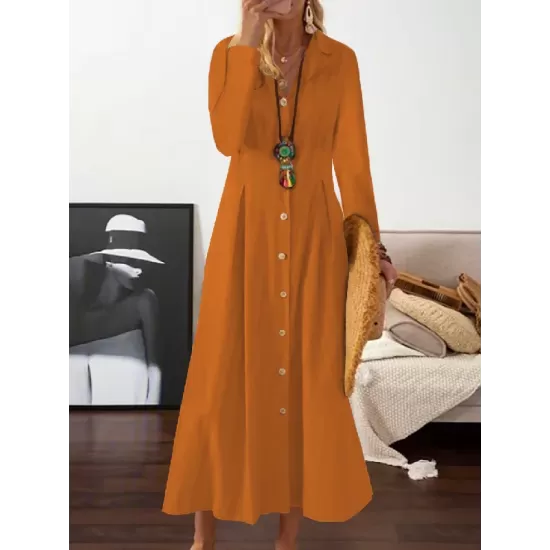 Long Sleeves Loose Pleated Lapel Midi Dresses Shirt Dress Long Sleeves Loose Pleated Lapel Midi Dresses Shirt Dress