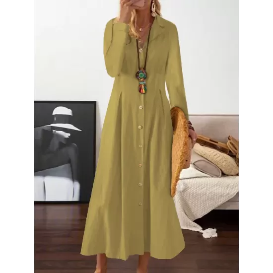 Long Sleeves Loose Pleated Lapel Midi Dresses Shirt Dress Long Sleeves Loose Pleated Lapel Midi Dresses Shirt Dress