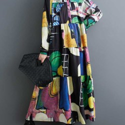 Buttoned Printed Split-Joint Long Sleeves Loose Round-Neck Midi Dresses