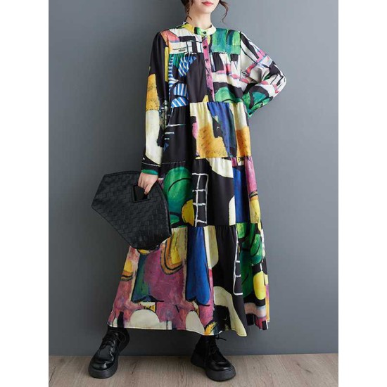 Buttoned Printed Split-Joint Long Sleeves Loose Round-Neck Midi Dresses Buttoned Printed Split-Joint Long Sleeves Loose Round-Neck Midi Dresses