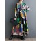 Buttoned Printed Split-Joint Long Sleeves Loose Round-Neck Midi Dresses