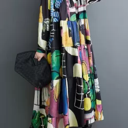 Buttoned Printed Split-Joint Long Sleeves Loose Round-Neck Midi Dresses