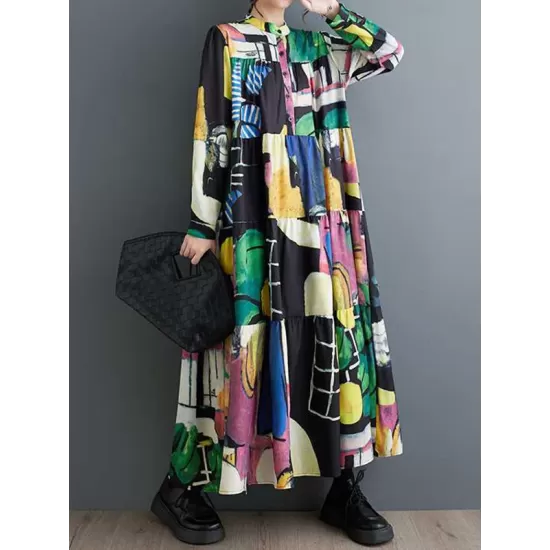 Buttoned Printed Split-Joint Long Sleeves Loose Round-Neck Midi Dresses Buttoned Printed Split-Joint Long Sleeves Loose Round-Neck Midi Dresses