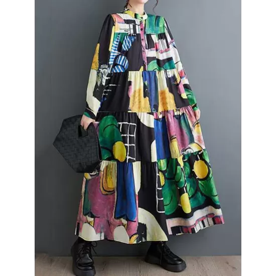 Buttoned Printed Split-Joint Long Sleeves Loose Round-Neck Midi Dresses Buttoned Printed Split-Joint Long Sleeves Loose Round-Neck Midi Dresses