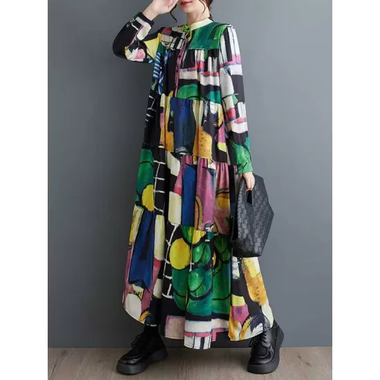 Buttoned Printed Split-Joint Long Sleeves Loose Round-Neck Midi Dresses Buttoned Printed Split-Joint Long Sleeves Loose Round-Neck Midi Dresses