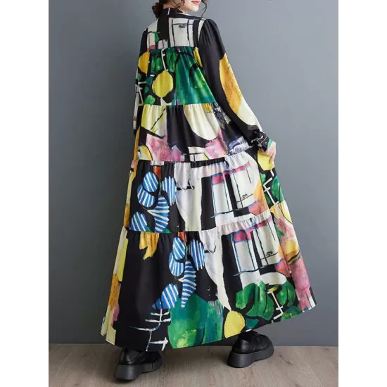 Buttoned Printed Split-Joint Long Sleeves Loose Round-Neck Midi Dresses Buttoned Printed Split-Joint Long Sleeves Loose Round-Neck Midi Dresses