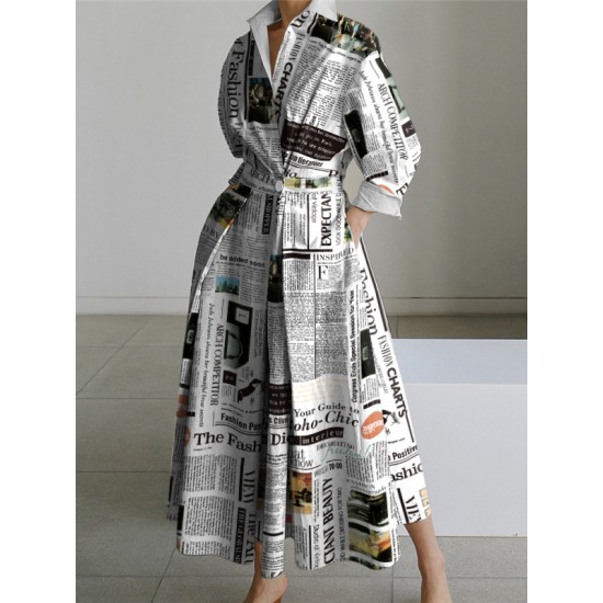 Long Sleeves Loose Letter Print Lapel Collar Midi Dresses Long Sleeves Loose Letter Print Lapel Collar Midi Dresses