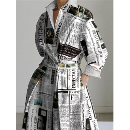 Long Sleeves Loose Letter Print Lapel Collar Midi Dresses Long Sleeves Loose Letter Print Lapel Collar Midi Dresses