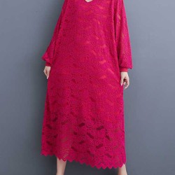 Jacquard Bishop Sleeve Long Sleeves V-Neck Midi Dresses