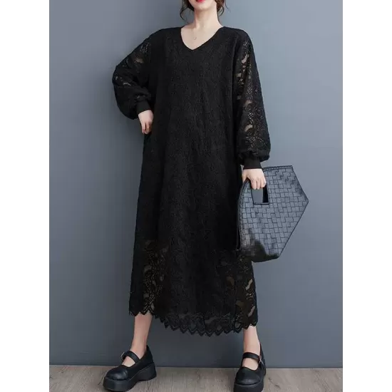 Jacquard Bishop Sleeve Long Sleeves V-Neck Midi Dresses Jacquard Bishop Sleeve Long Sleeves V-Neck Midi Dresses