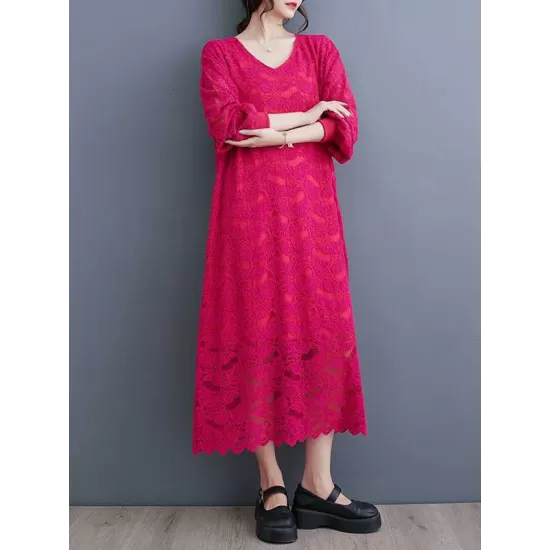Jacquard Bishop Sleeve Long Sleeves V-Neck Midi Dresses Jacquard Bishop Sleeve Long Sleeves V-Neck Midi Dresses