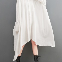 Asymmetric Buttoned Pockets Solid Color A-Line High-Low Lapel Shirt Dress Midi Dresses