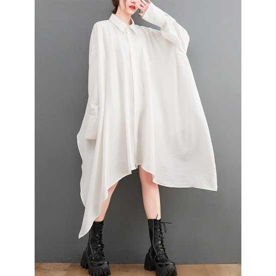 Asymmetric Buttoned Pockets Solid Color A-Line High-Low Lapel Shirt Dress Midi Dresses Asymmetric Buttoned Pockets Solid Color A-Line High-Low Lapel Shirt Dress Midi Dresses