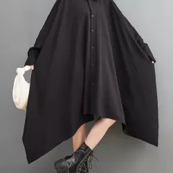 Asymmetric Buttoned Pockets Solid Color A-Line High-Low Lapel Shirt Dress Midi Dresses