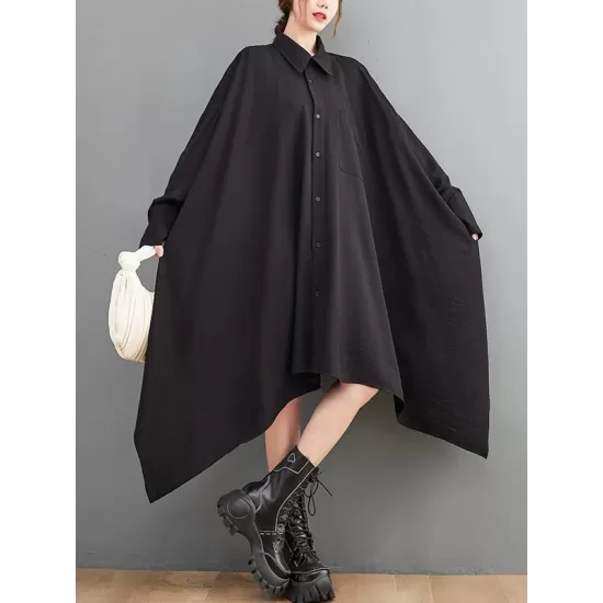 Asymmetric Buttoned Pockets Solid Color A-Line High-Low Lapel Shirt Dress Midi Dresses Asymmetric Buttoned Pockets Solid Color A-Line High-Low Lapel Shirt Dress Midi Dresses