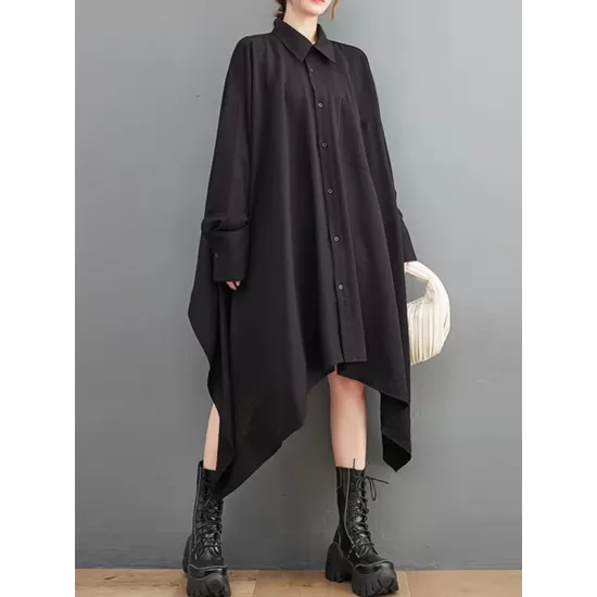Asymmetric Buttoned Pockets Solid Color A-Line High-Low Lapel Shirt Dress Midi Dresses Asymmetric Buttoned Pockets Solid Color A-Line High-Low Lapel Shirt Dress Midi Dresses