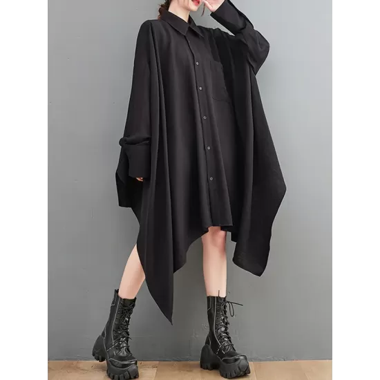 Asymmetric Buttoned Pockets Solid Color A-Line High-Low Lapel Shirt Dress Midi Dresses Asymmetric Buttoned Pockets Solid Color A-Line High-Low Lapel Shirt Dress Midi Dresses