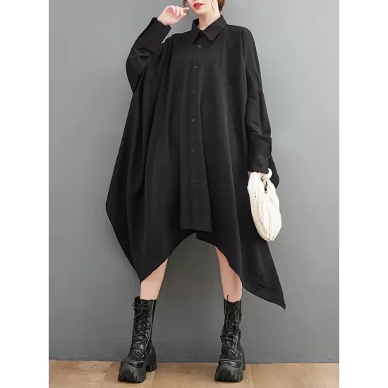 Asymmetric Buttoned Pockets Solid Color A-Line High-Low Lapel Shirt Dress Midi Dresses Asymmetric Buttoned Pockets Solid Color A-Line High-Low Lapel Shirt Dress Midi Dresses