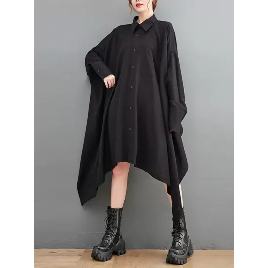 Asymmetric Buttoned Pockets Solid Color A-Line High-Low Lapel Shirt Dress Midi Dresses Asymmetric Buttoned Pockets Solid Color A-Line High-Low Lapel Shirt Dress Midi Dresses