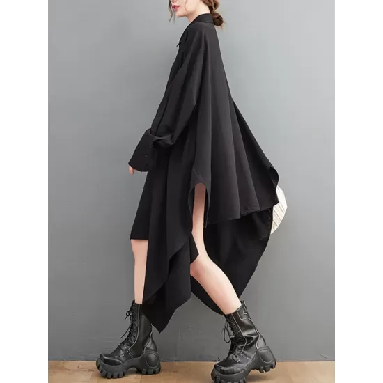 Asymmetric Buttoned Pockets Solid Color A-Line High-Low Lapel Shirt Dress Midi Dresses Asymmetric Buttoned Pockets Solid Color A-Line High-Low Lapel Shirt Dress Midi Dresses