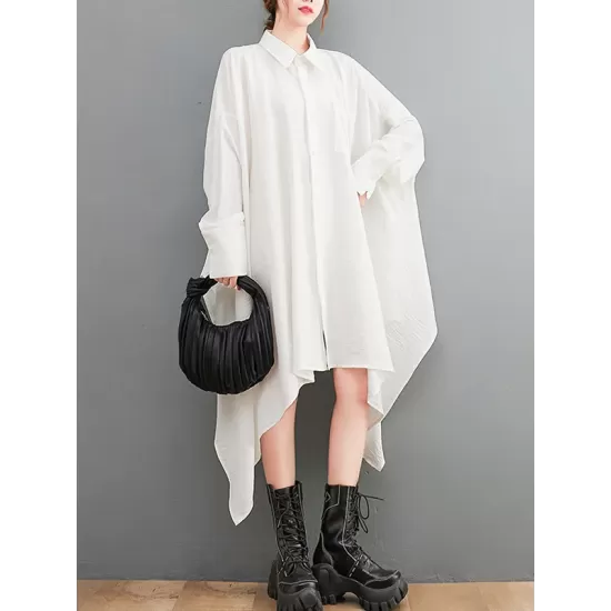 Asymmetric Buttoned Pockets Solid Color A-Line High-Low Lapel Shirt Dress Midi Dresses Asymmetric Buttoned Pockets Solid Color A-Line High-Low Lapel Shirt Dress Midi Dresses