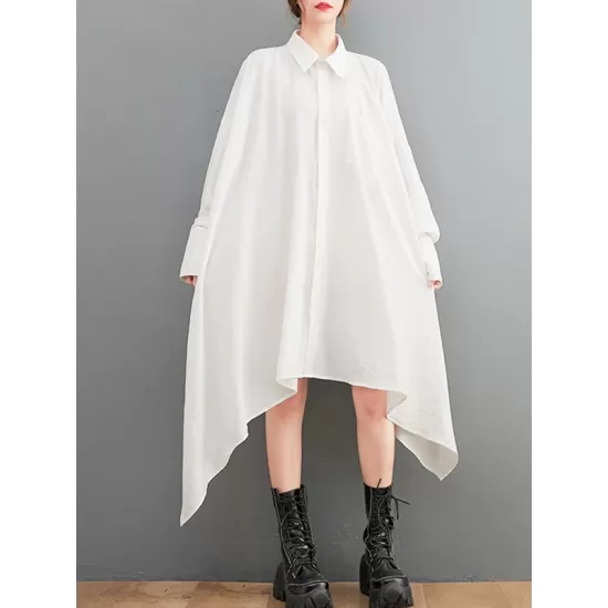 Asymmetric Buttoned Pockets Solid Color A-Line High-Low Lapel Shirt Dress Midi Dresses Asymmetric Buttoned Pockets Solid Color A-Line High-Low Lapel Shirt Dress Midi Dresses