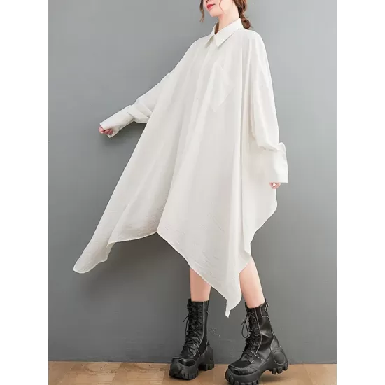 Asymmetric Buttoned Pockets Solid Color A-Line High-Low Lapel Shirt Dress Midi Dresses Asymmetric Buttoned Pockets Solid Color A-Line High-Low Lapel Shirt Dress Midi Dresses