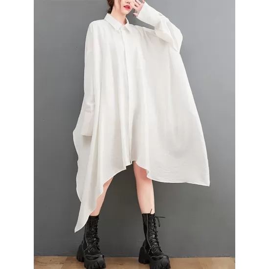 Asymmetric Buttoned Pockets Solid Color A-Line High-Low Lapel Shirt Dress Midi Dresses Asymmetric Buttoned Pockets Solid Color A-Line High-Low Lapel Shirt Dress Midi Dresses