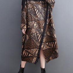 Asymmetric Printed Split-Front Split-Joint Long Sleeves Loose Mock Neck Midi Dresses