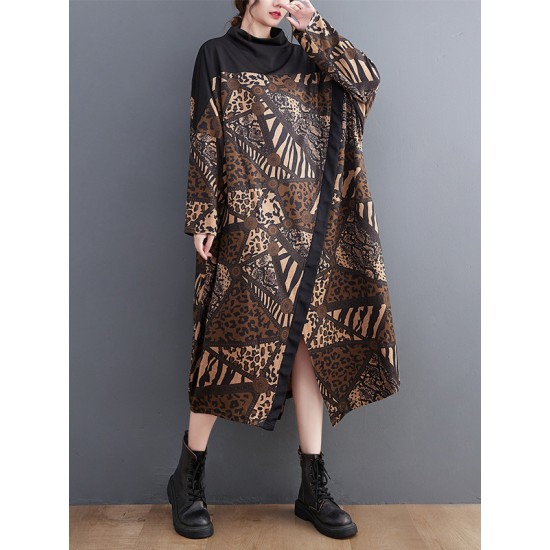 Asymmetric Printed Split-Front Split-Joint Long Sleeves Loose Mock Neck Midi Dresses Asymmetric Printed Split-Front Split-Joint Long Sleeves Loose Mock Neck Midi Dresses