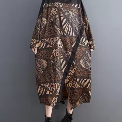 Asymmetric Printed Split-Front Split-Joint Long Sleeves Loose Mock Neck Midi Dresses