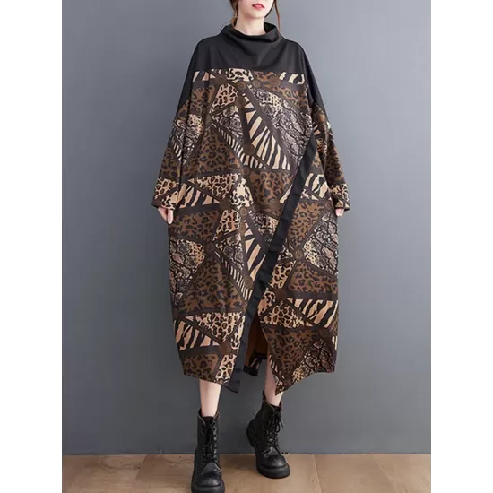 Asymmetric Printed Split-Front Split-Joint Long Sleeves Loose Mock Neck Midi Dresses Asymmetric Printed Split-Front Split-Joint Long Sleeves Loose Mock Neck Midi Dresses