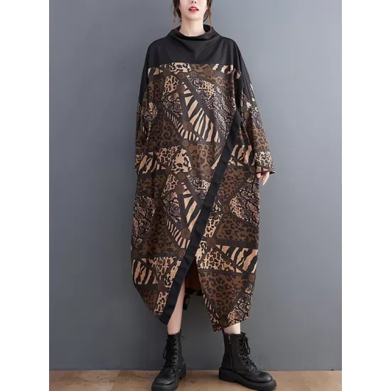 Asymmetric Printed Split-Front Split-Joint Long Sleeves Loose Mock Neck Midi Dresses Asymmetric Printed Split-Front Split-Joint Long Sleeves Loose Mock Neck Midi Dresses