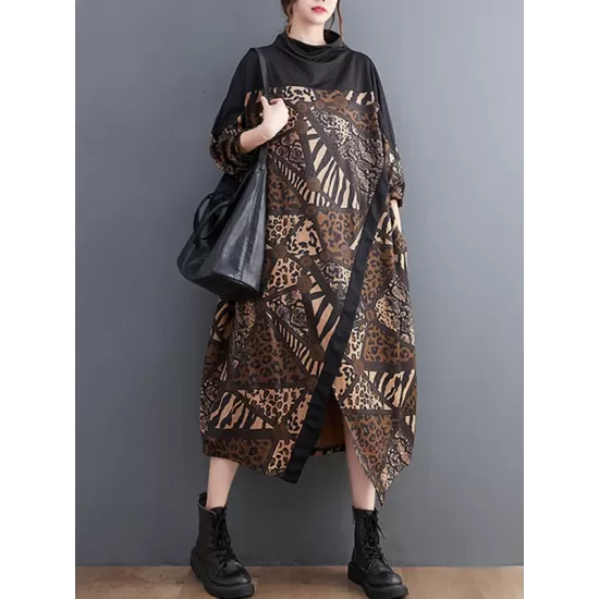 Asymmetric Printed Split-Front Split-Joint Long Sleeves Loose Mock Neck Midi Dresses Asymmetric Printed Split-Front Split-Joint Long Sleeves Loose Mock Neck Midi Dresses