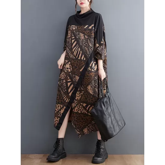 Asymmetric Printed Split-Front Split-Joint Long Sleeves Loose Mock Neck Midi Dresses Asymmetric Printed Split-Front Split-Joint Long Sleeves Loose Mock Neck Midi Dresses