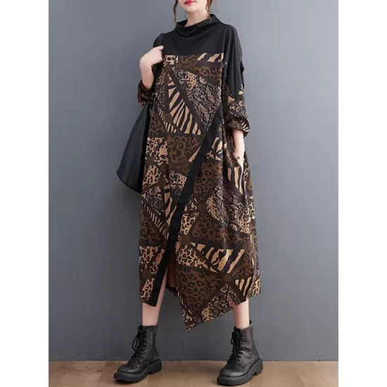 Asymmetric Printed Split-Front Split-Joint Long Sleeves Loose Mock Neck Midi Dresses Asymmetric Printed Split-Front Split-Joint Long Sleeves Loose Mock Neck Midi Dresses