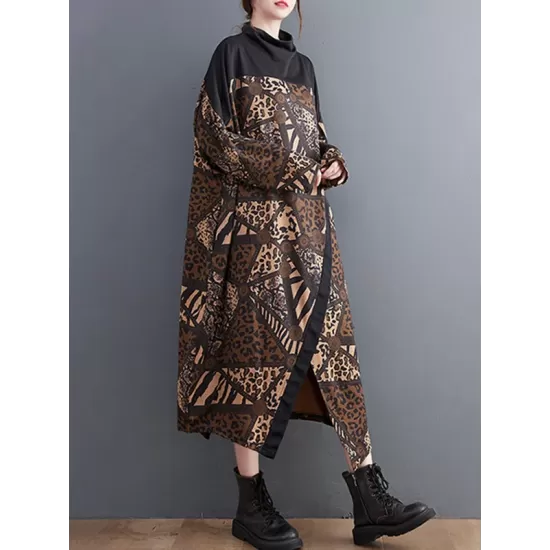 Asymmetric Printed Split-Front Split-Joint Long Sleeves Loose Mock Neck Midi Dresses Asymmetric Printed Split-Front Split-Joint Long Sleeves Loose Mock Neck Midi Dresses