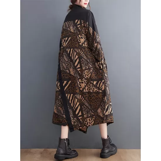 Asymmetric Printed Split-Front Split-Joint Long Sleeves Loose Mock Neck Midi Dresses Asymmetric Printed Split-Front Split-Joint Long Sleeves Loose Mock Neck Midi Dresses