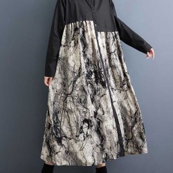 Asymmetric Buttoned Printed Split-Joint A-Line Long Sleeves Lapel Shirt Dress Midi Dresses