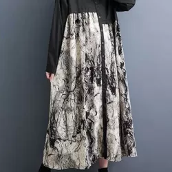 Asymmetric Buttoned Printed Split-Joint A-Line Long Sleeves Lapel Shirt Dress Midi Dresses