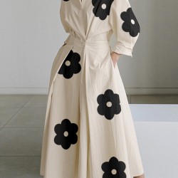 Long Sleeves Loose Contrast Color Floral Printed Pleated Tied Waist Lapel Shirt Dress