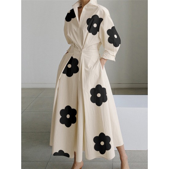 Long Sleeves Loose Contrast Color Floral Printed Pleated Tied Waist Lapel Shirt Dress Long Sleeves Loose Contrast Color Floral Printed Pleated Tied Waist Lapel Shirt Dress